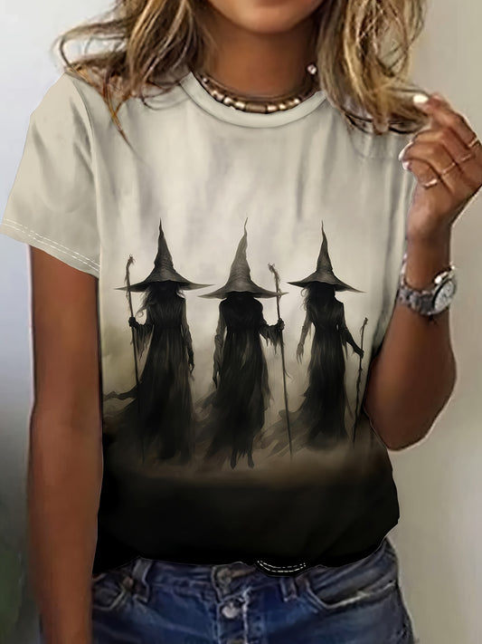 Witch Print Short Sleeve T-shirt, Casual Crew Neck Top For Spring & Summer, Women's Clothing