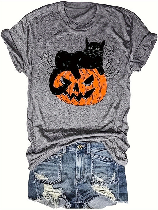 Whimsical Halloween Cat & Pumpkin Graphic Print Crew Neck T-Shirt - Women's Casual Short Sleeve Top for Spring & Summer - Soft, Breathable, Lightweight, Relaxed Fit Clothing for Everyday Wear