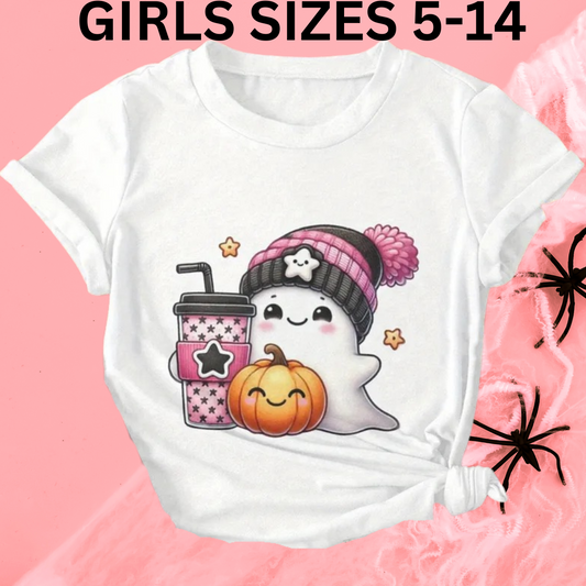 Cute Ghost Halloween T-Shirt for Girls (Ages 5-14) 🎃👻 | Adorable Pumpkin & Cozy Hat Design