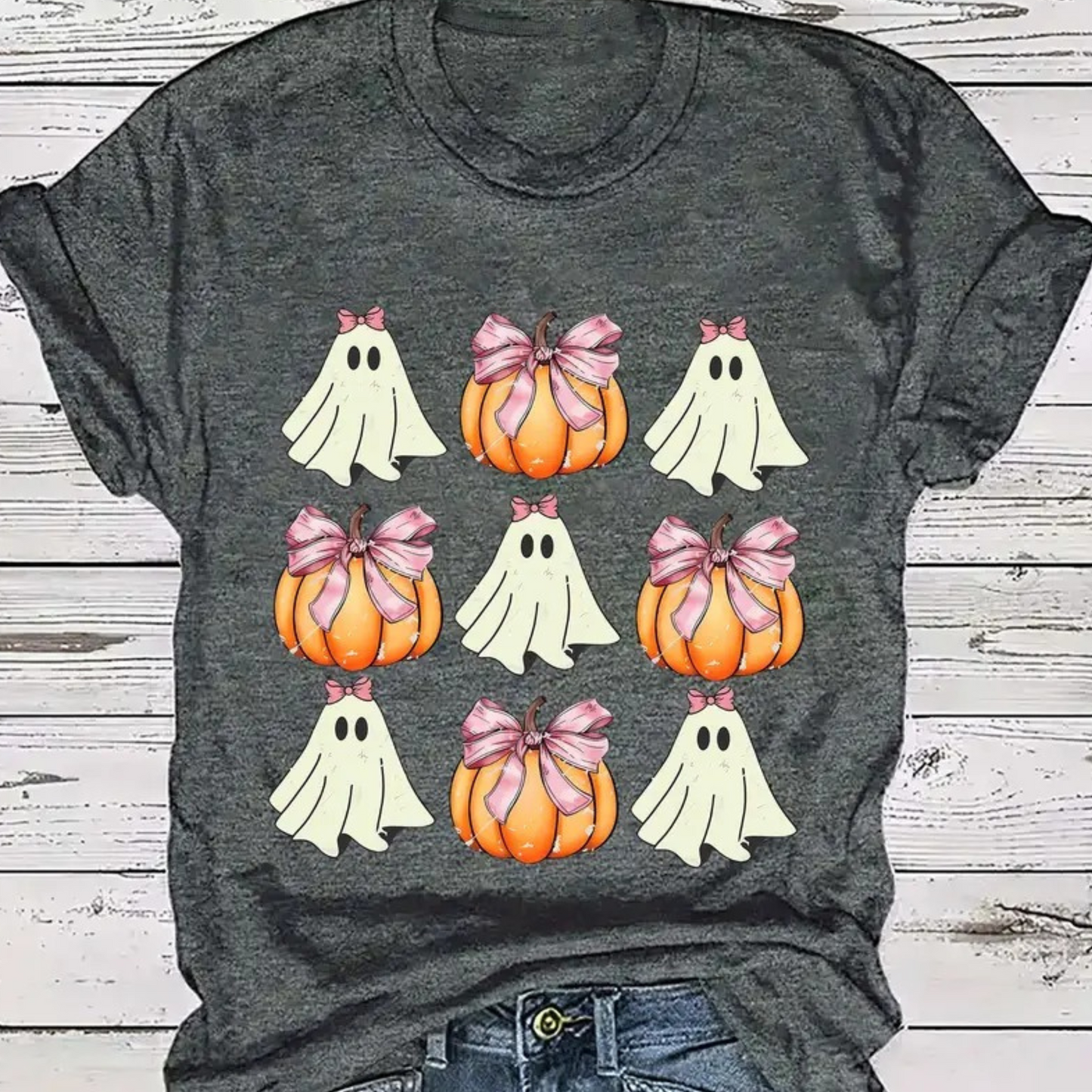 Cute Halloween Ghosts and Pink Pumpkin Bow T-Shirt