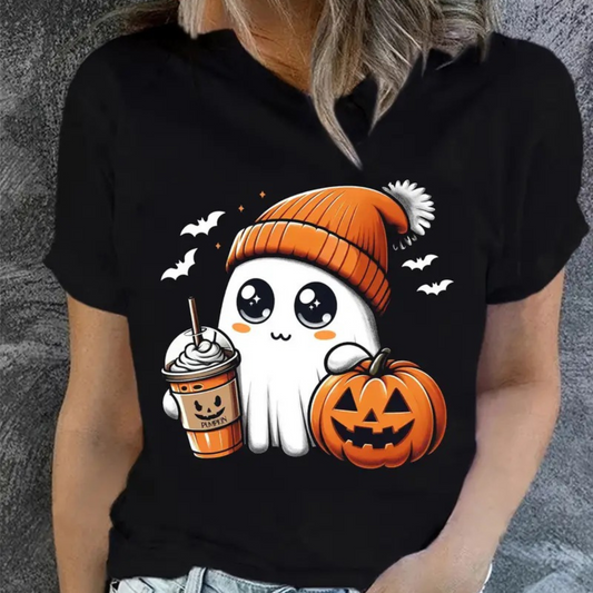 Cute Ghost Halloween T-Shirt with Pumpkin and Coffee