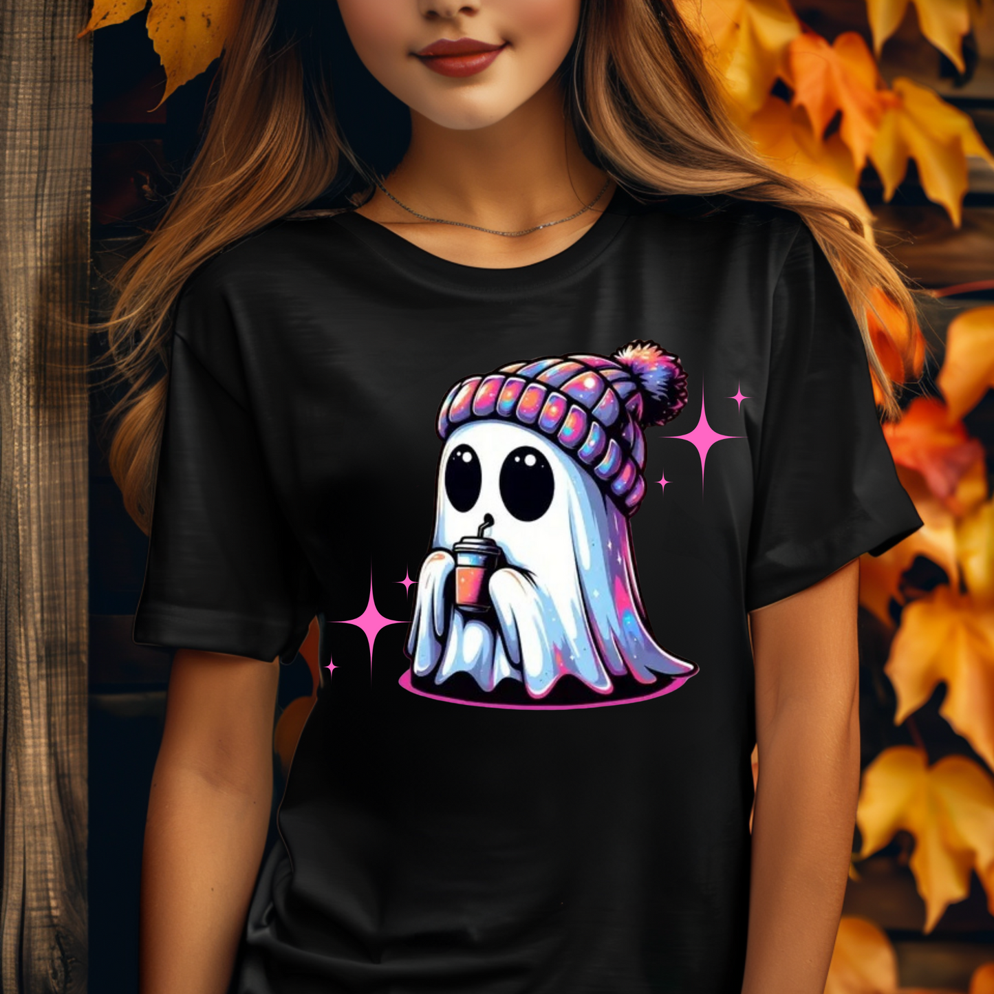 Adorable Ghost T-Shirt with Cozy Beanie and Hot Drink