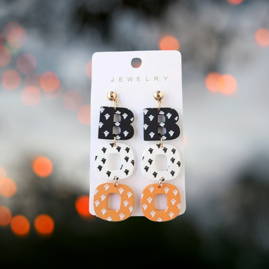 "Boo" Dangle Earrings – Fun Halloween Jewelry with Ghost Print, Nickel-Free