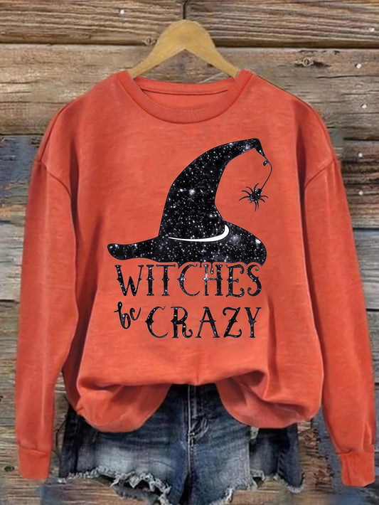 Whimsical Witch Print Pullover Sweatshirt - Cozy Fashion Sweatshirts for Women - Soft Casual Long Sleeve Crew Neck Design for Fall & Winter, Perfect for Everyday Wear