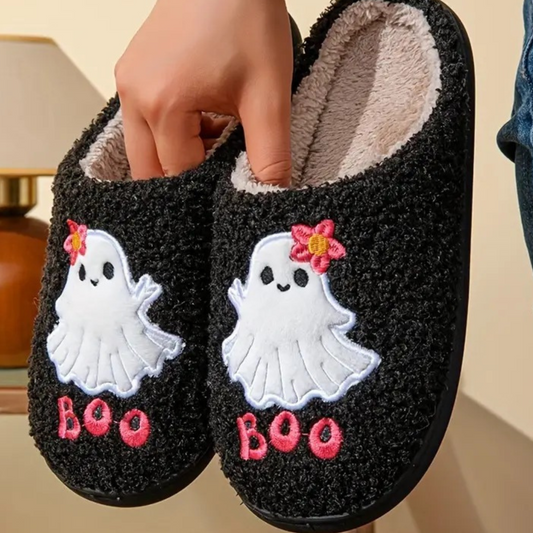 Cozy Halloween Ghost Slippers – Cute "Boo" Embroidered Indoor Footwear